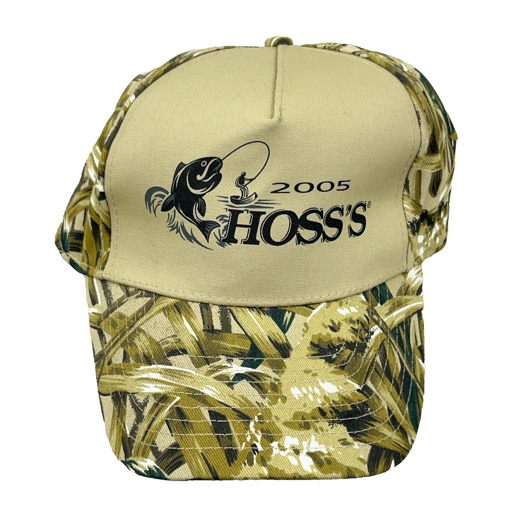Vintage Fishing Trucker Hat Cap Strap Back Brown Tan Mash Camo Y2K Hoss's CC